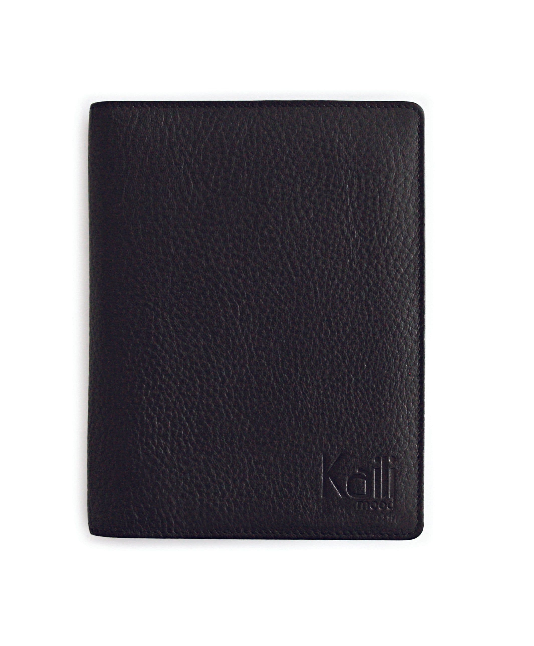 image-K0008AB | Porta Conto in Vera Pelle pieno fiore, grana dollaro. Mini slot interne e asola porta penna. Colore Nero. Dimensioni: cm 12 x 16 x 1. Confezione: Sacchetto Tnt