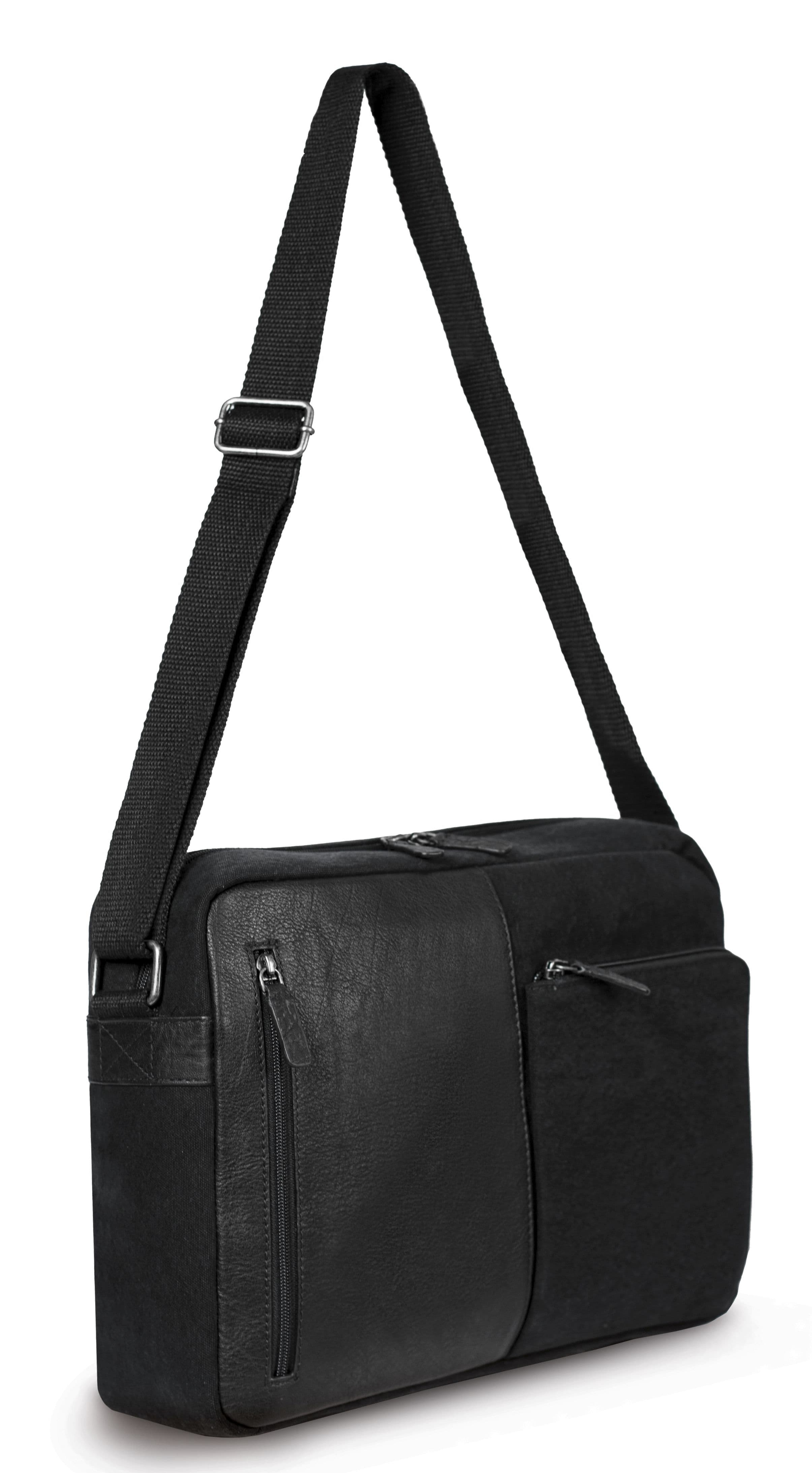 image-K0022AB | Messenger in Canvas/Vera Pelle, pieno fiore, volanata - Colore Nero. Accessori Nickel Anticato, Chiusura superiore con lampo. Dimensioni: cm 35 x 26 x 10. Confezione: Sacchetto Tnt