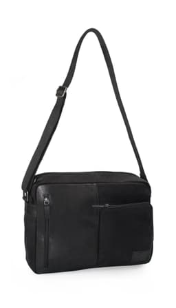 image-K0022AB | Messenger in Canvas/Vera Pelle, pieno fiore, volanata - Colore Nero. Accessori Nickel Anticato, Chiusura superiore con lampo. Dimensioni: cm 35 x 26 x 10. Confezione: Sacchetto Tnt