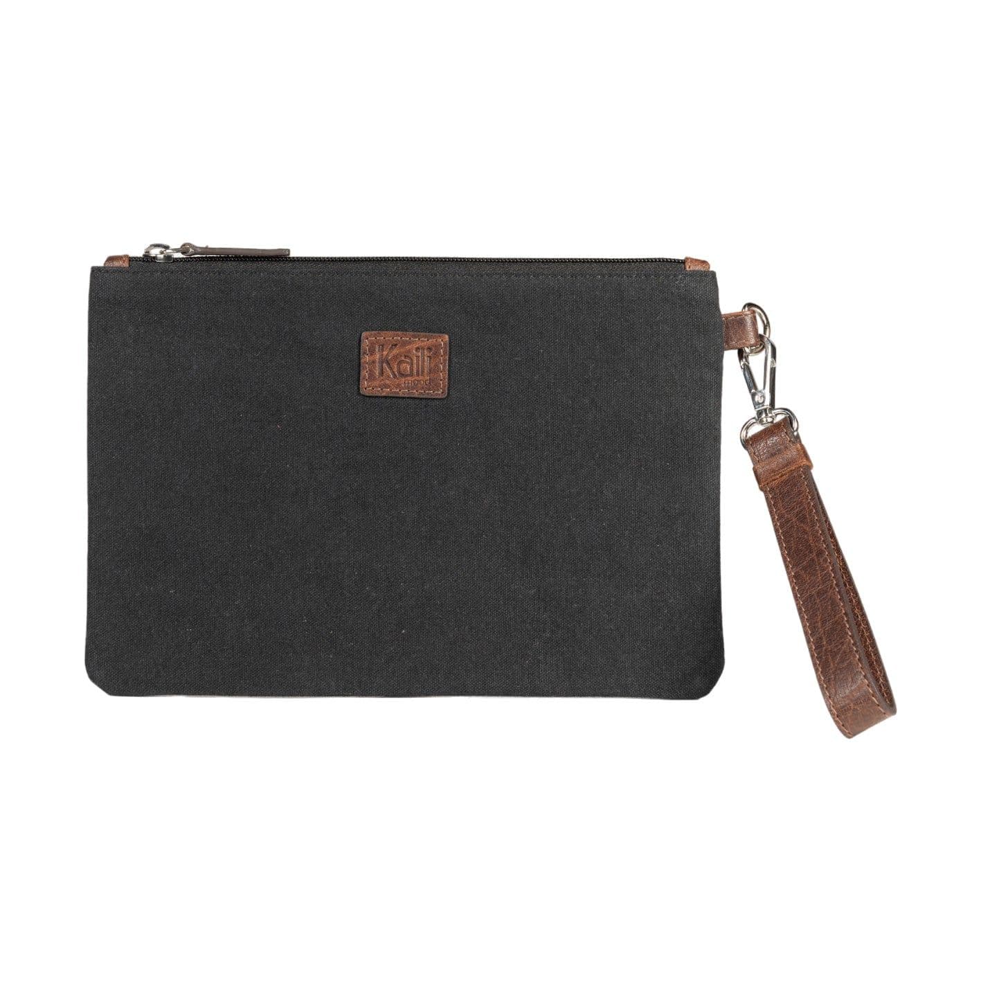 image-K0027AB | Busta da Polso in Canvas/Vera Pelle pieno fiore Volanata - Colore Nero/Testa Moro - Accessori Nickel lucido. Dimensioni: cm 25,5 x 17,5 x 1 - Confezione: Sacchetto Tnt