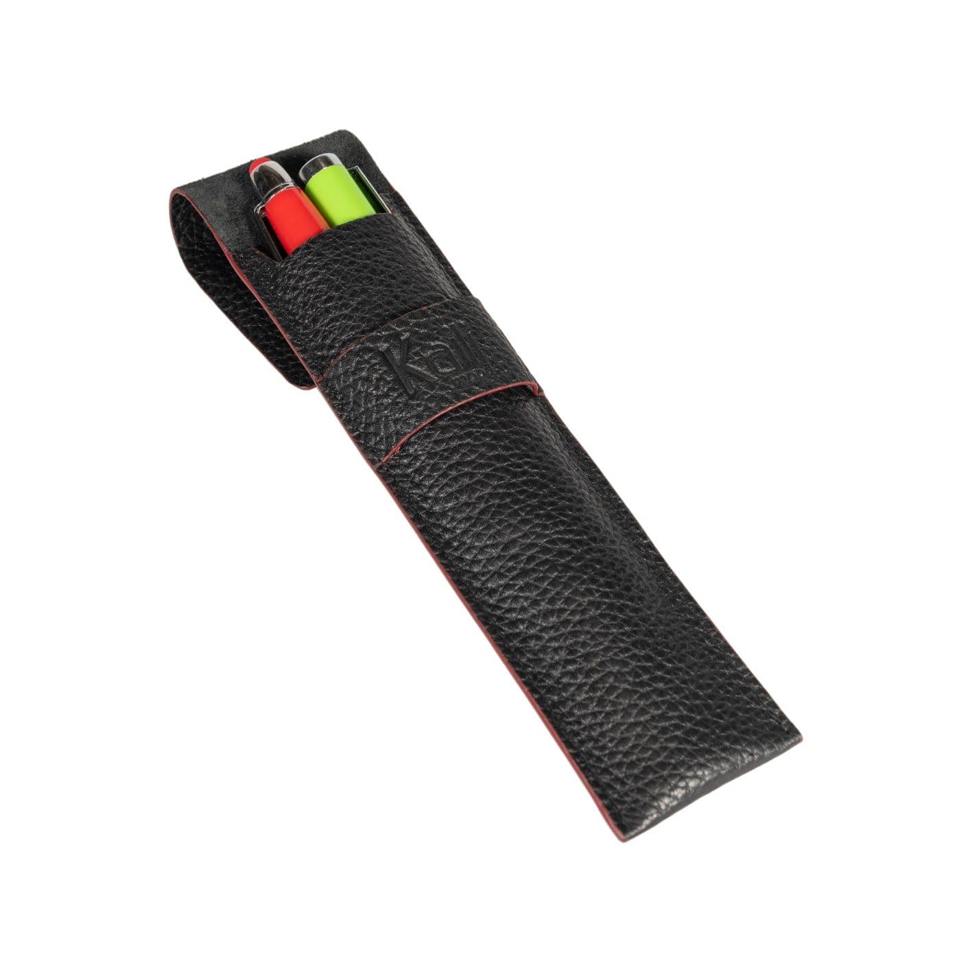 image-K0028AB | Custodia per Penne in Vera Pelle pieno fiore, grana dollaro - Colore Nero con bordi Rossi - Dimensioni: cm 4,5 x 16,5 x 1 - Confezione: Scatola regalo fondo/coperchio