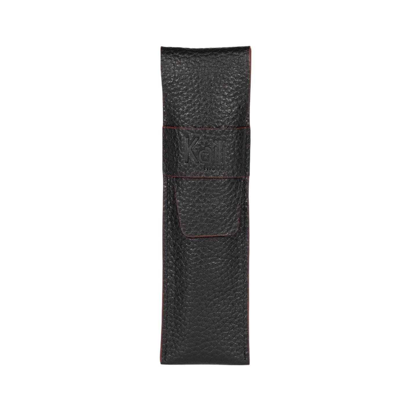 image-K0028AB | Custodia per Penne in Vera Pelle pieno fiore, grana dollaro - Colore Nero con bordi Rossi - Dimensioni: cm 4,5 x 16,5 x 1 - Confezione: Scatola regalo fondo/coperchio