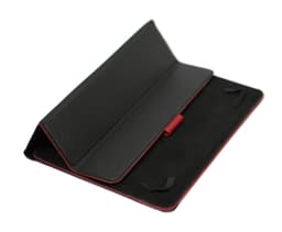 image-K0033AB | Custodia per Tablet Vera Pelle, pieno fiore, grana dollaro. Col.Nero con bordi Rossi. Chiusura con linguetta in contrasto. Dimensioni: cm 19,5 x 25,2 x 1. Confezione: Sacchetto Tnt