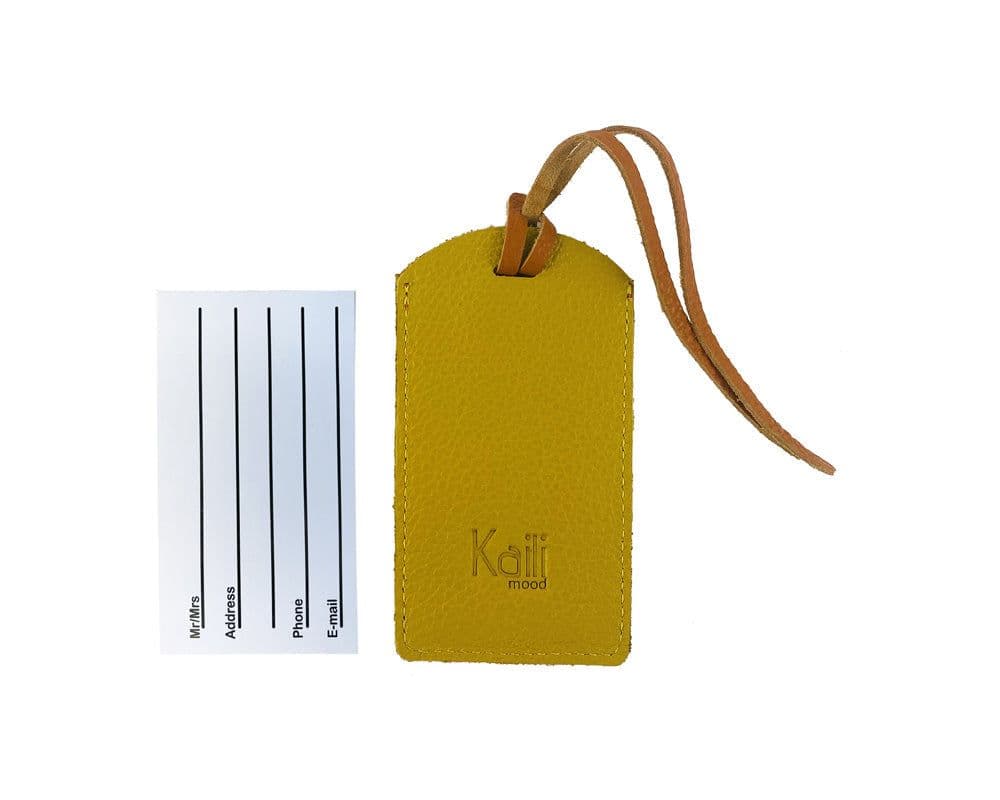 image-K0041LRB | Targhetta bagaglio Bicolore Made in Italy in Vera Pelle pieno fiore, grana dollaro - Colore Arancione/Giallo - Dimensioni: cm 6,5 x 12 - Confezione: Gift Box rigido fondo/coperchio
