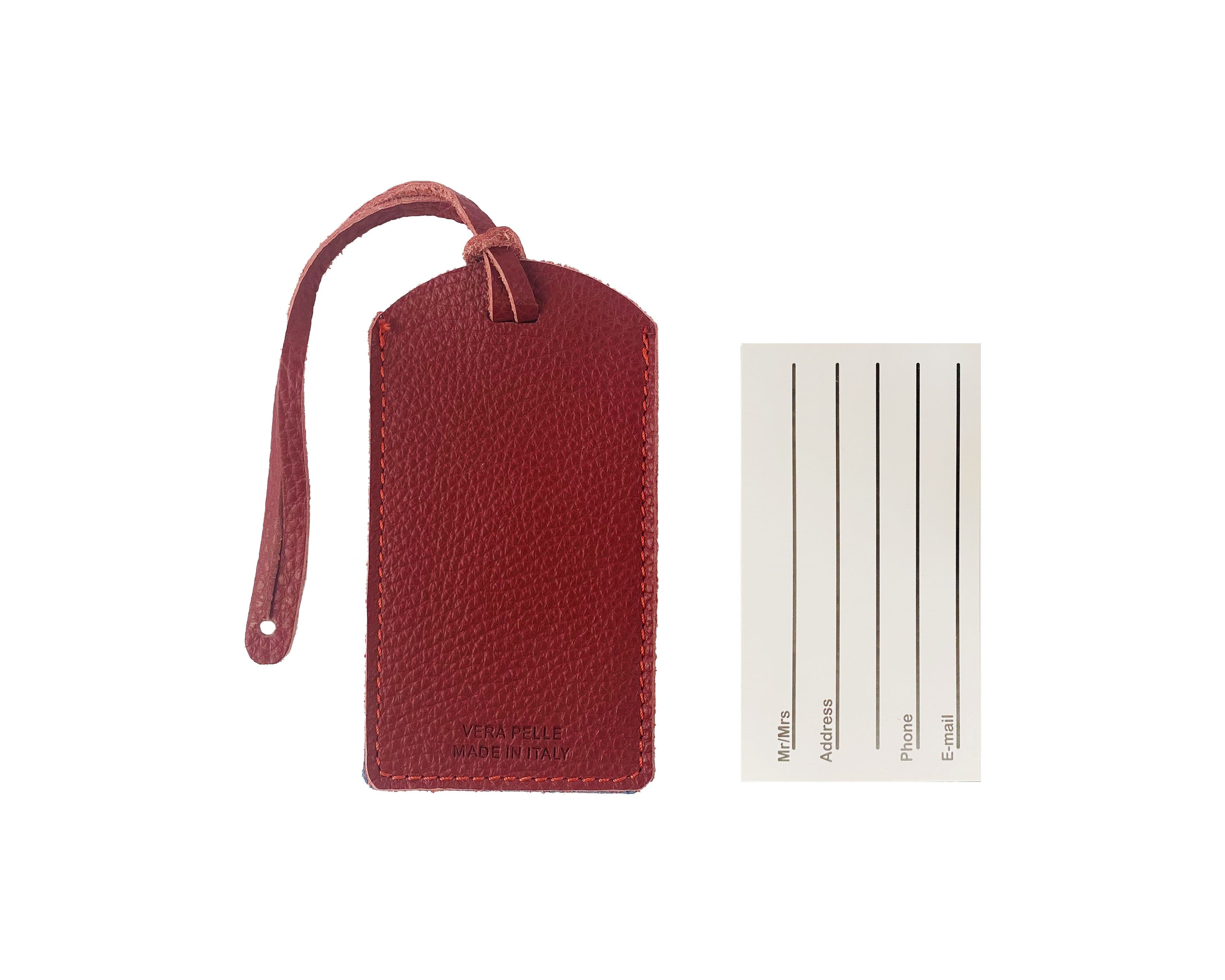 image-K0041VDB | Made in Italy two-tone luggage tag in genuine full-grain leather, dollar grain - Red/Blue - Dimensions: 6.5 x 12 cm - Packaging: rigid bottom/lid Gift Box