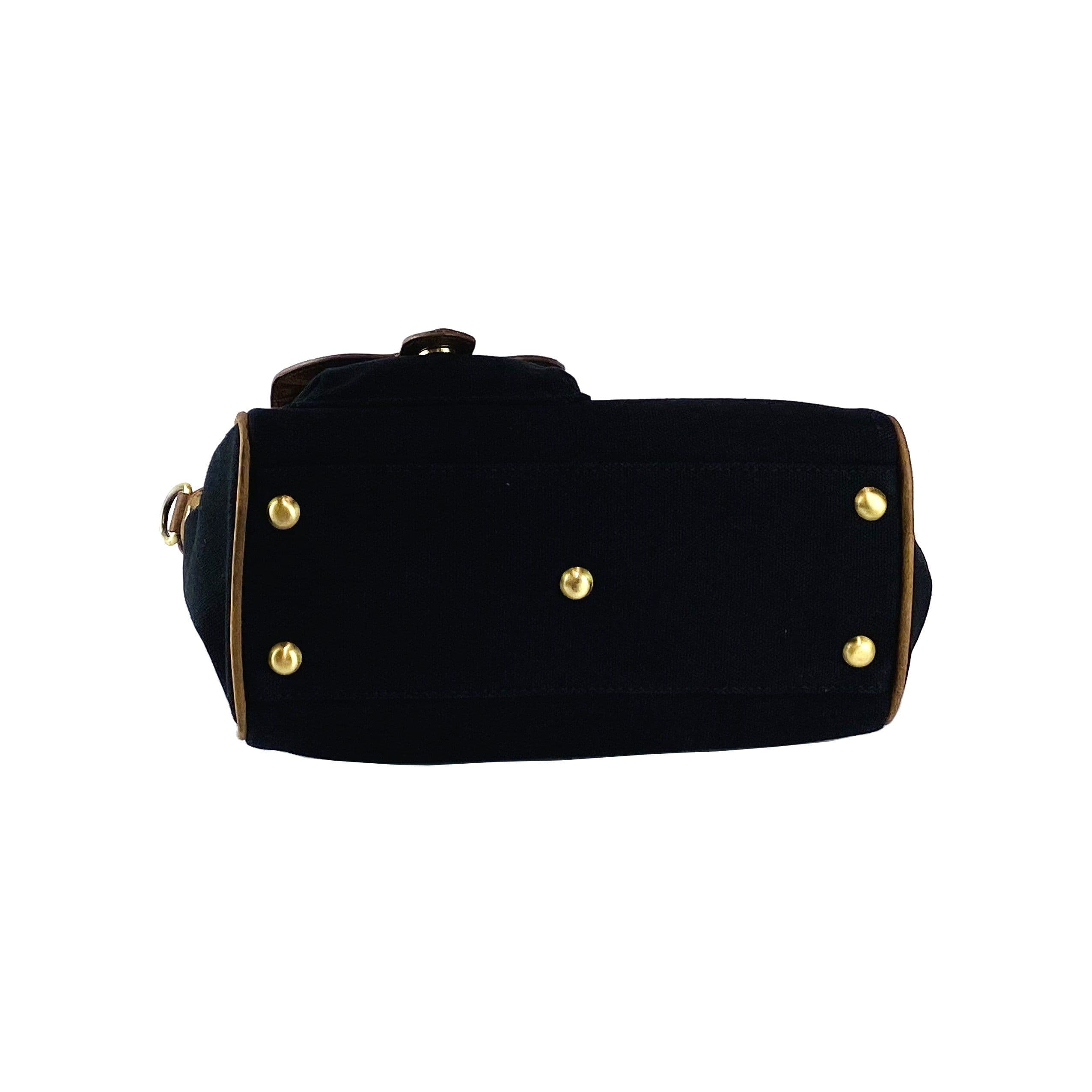 image-K0042ACB | Mini Handbag in Canvas/Genuine Leather Made in Italy. Removable shoulder strap. Attachments with metal snap hooks in Antique Brass - Black color - Dimensions: 24 x 20 x 12 cm