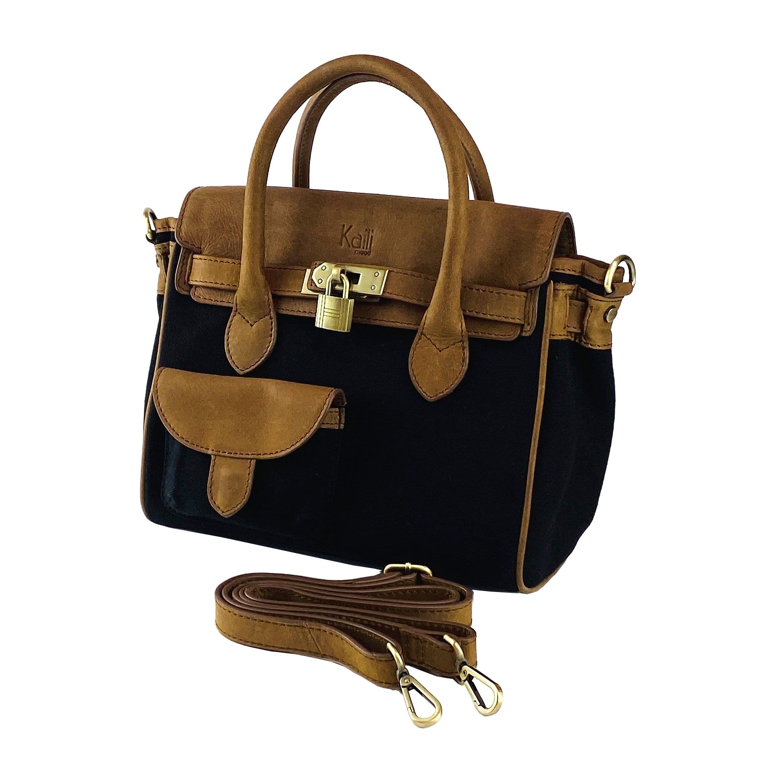 image-K0042ACB | Borsa a Mano Mini in Canvas/Vera Pelle Made in Italy. Tracolla removibile. Attacchi con moschettoni in metallo Ottone Anticato - Colore Nero - Dimensioni: cm 24 x 20 x 12
