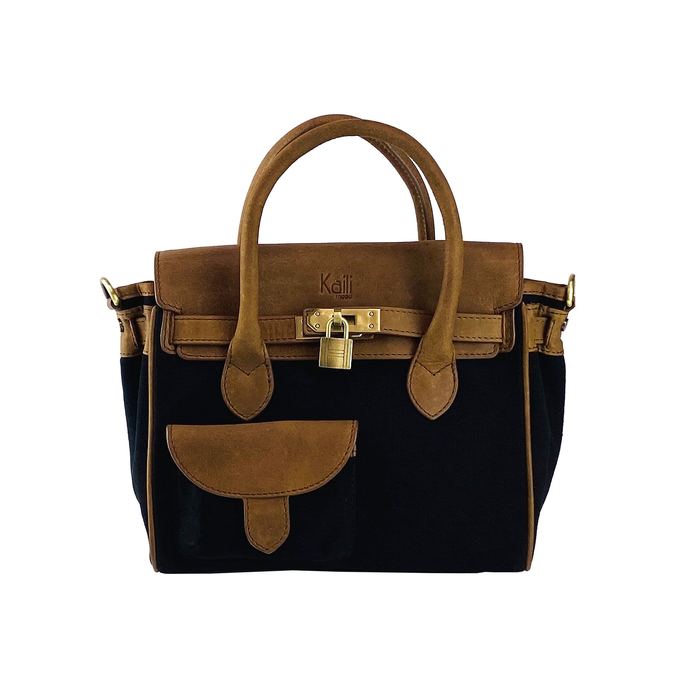 image-K0042ACB | Borsa a Mano Mini in Canvas/Vera Pelle Made in Italy. Tracolla removibile. Attacchi con moschettoni in metallo Ottone Anticato - Colore Nero - Dimensioni: cm 24 x 20 x 12