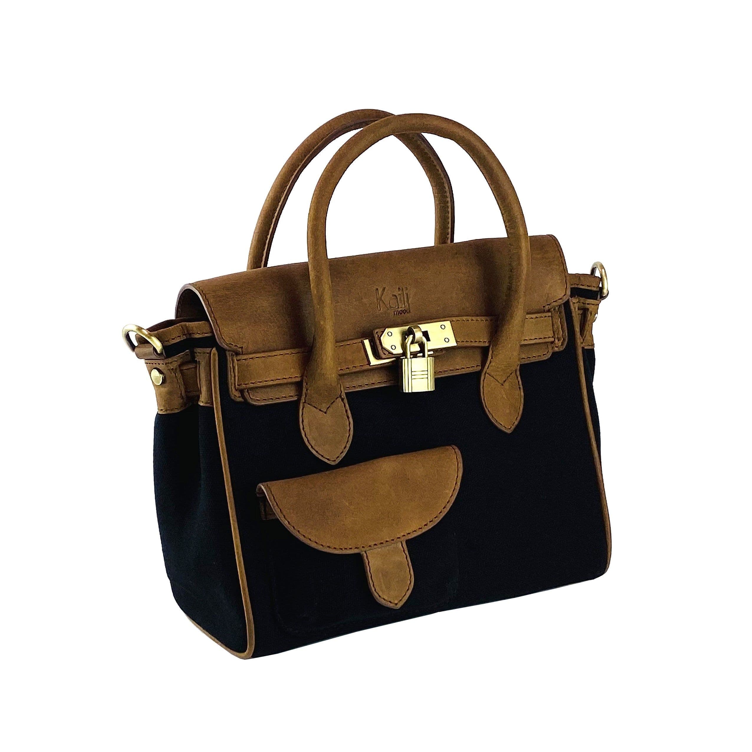 image-K0042ACB | Borsa a Mano Mini in Canvas/Vera Pelle Made in Italy. Tracolla removibile. Attacchi con moschettoni in metallo Ottone Anticato - Colore Nero - Dimensioni: cm 24 x 20 x 12