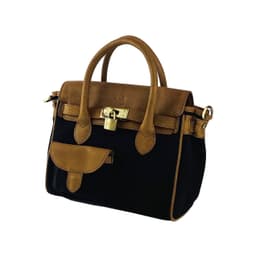 image-K0042ACB | Borsa a Mano Mini in Canvas/Vera Pelle Made in Italy. Tracolla removibile. Attacchi con moschettoni in metallo Ottone Anticato - Colore Nero - Dimensioni: cm 24 x 20 x 12
