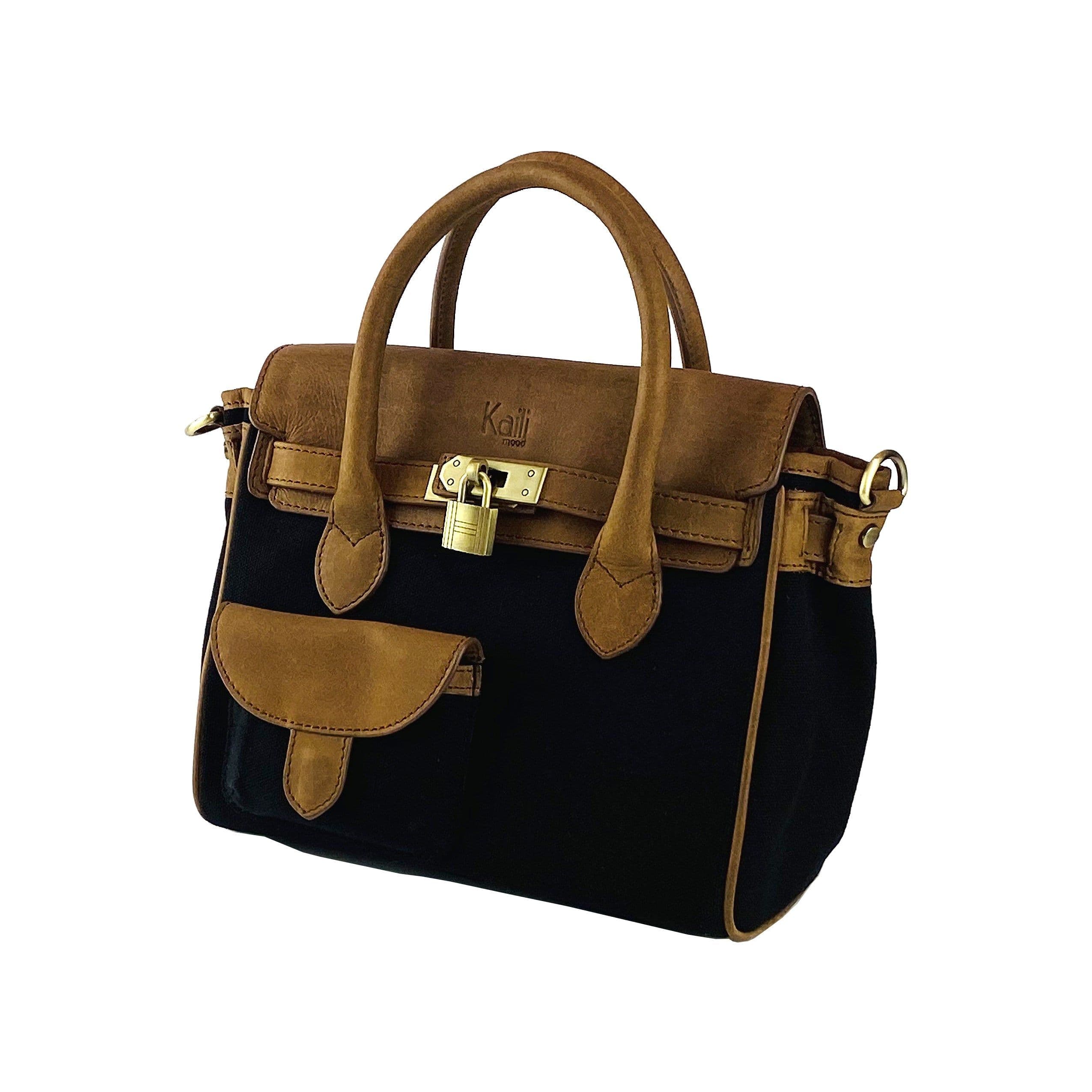 image-K0042ACB | Borsa a Mano Mini in Canvas/Vera Pelle Made in Italy. Tracolla removibile. Attacchi con moschettoni in metallo Ottone Anticato - Colore Nero - Dimensioni: cm 24 x 20 x 12