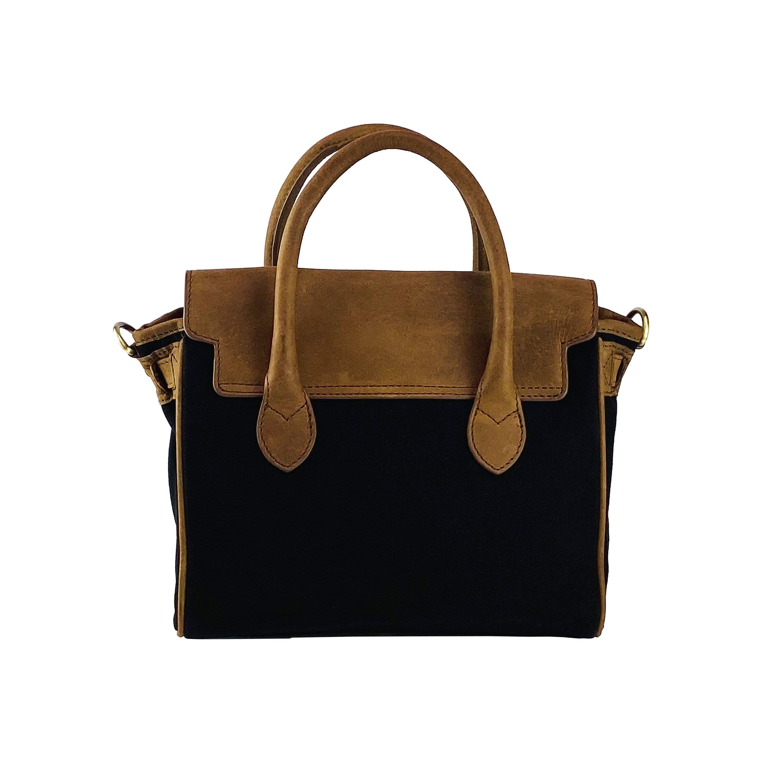 image-K0042ACB | Borsa a Mano Mini in Canvas/Vera Pelle Made in Italy. Tracolla removibile. Attacchi con moschettoni in metallo Ottone Anticato - Colore Nero - Dimensioni: cm 24 x 20 x 12