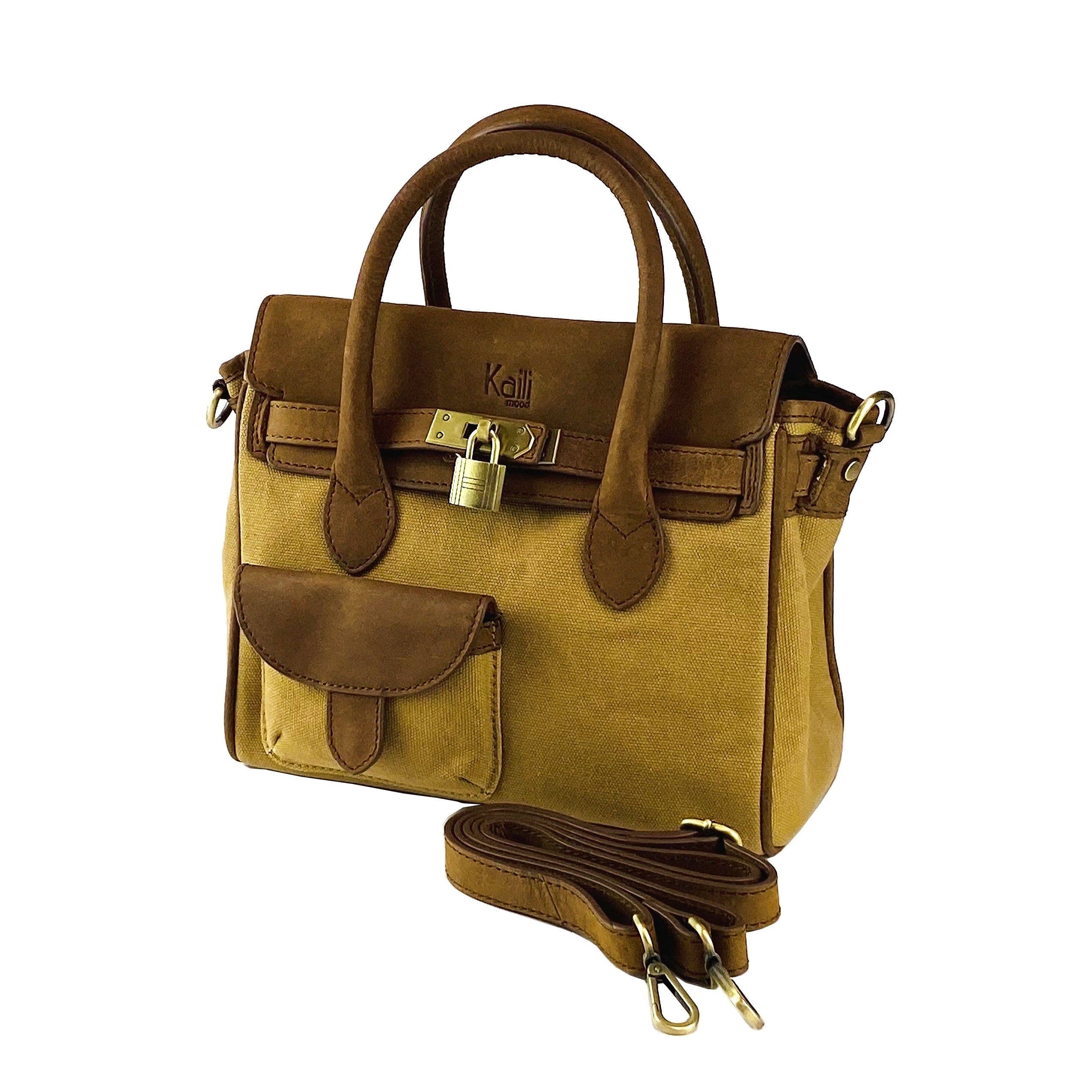 image-K0042BACB | Mini Handbag in Canvas/Genuine Leather Made in Italy. Removable shoulder strap. Attachments with metal snap hooks in Antique Brass - Hazelnut color - Dimensions: 24 x 20 x 12 cm