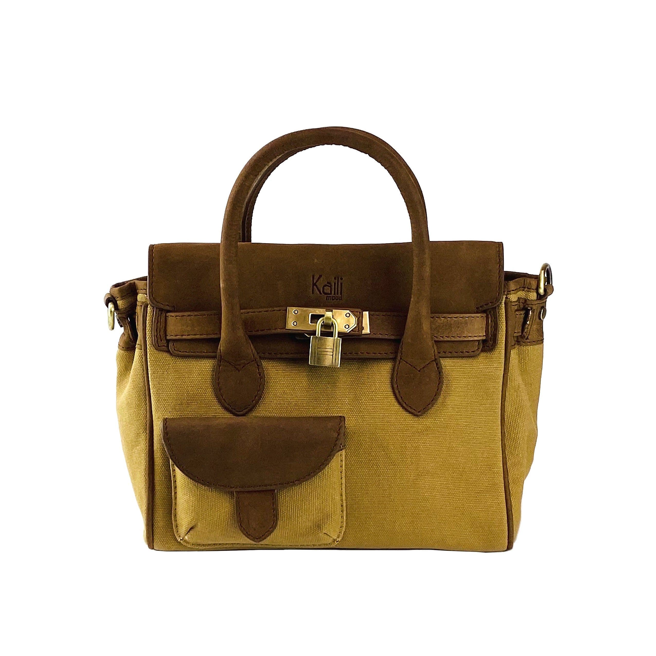 image-K0042BACB | Mini Handbag in Canvas/Genuine Leather Made in Italy. Removable shoulder strap. Attachments with metal snap hooks in Antique Brass - Hazelnut color - Dimensions: 24 x 20 x 12 cm