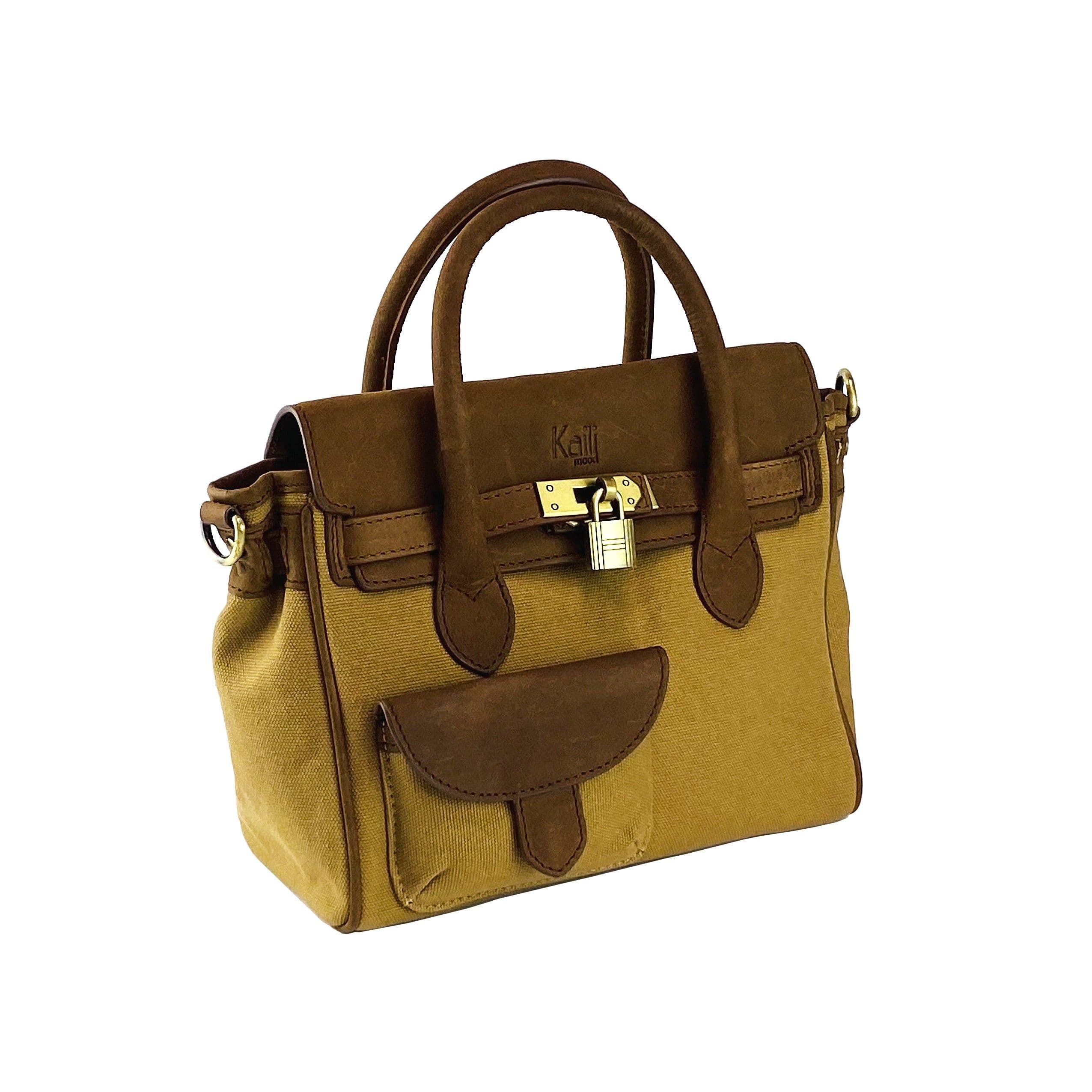 image-K0042BACB | Mini Handbag in Canvas/Genuine Leather Made in Italy. Removable shoulder strap. Attachments with metal snap hooks in Antique Brass - Hazelnut color - Dimensions: 24 x 20 x 12 cm