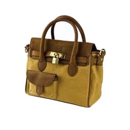 image-K0042BACB | Mini Handbag in Canvas/Genuine Leather Made in Italy. Removable shoulder strap. Attachments with metal snap hooks in Antique Brass - Hazelnut color - Dimensions: 24 x 20 x 12 cm