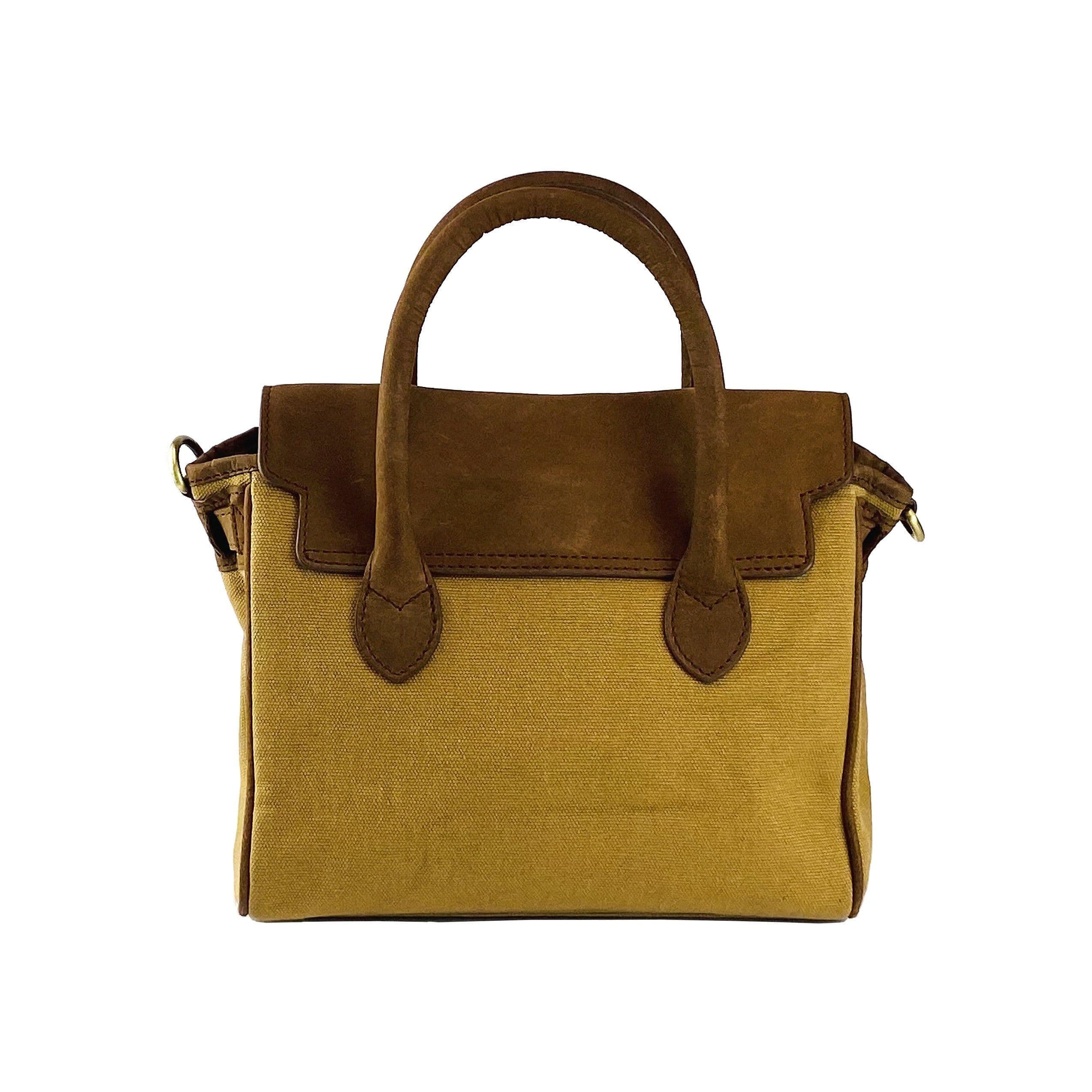 image-K0042BACB | Mini Handbag in Canvas/Genuine Leather Made in Italy. Removable shoulder strap. Attachments with metal snap hooks in Antique Brass - Hazelnut color - Dimensions: 24 x 20 x 12 cm