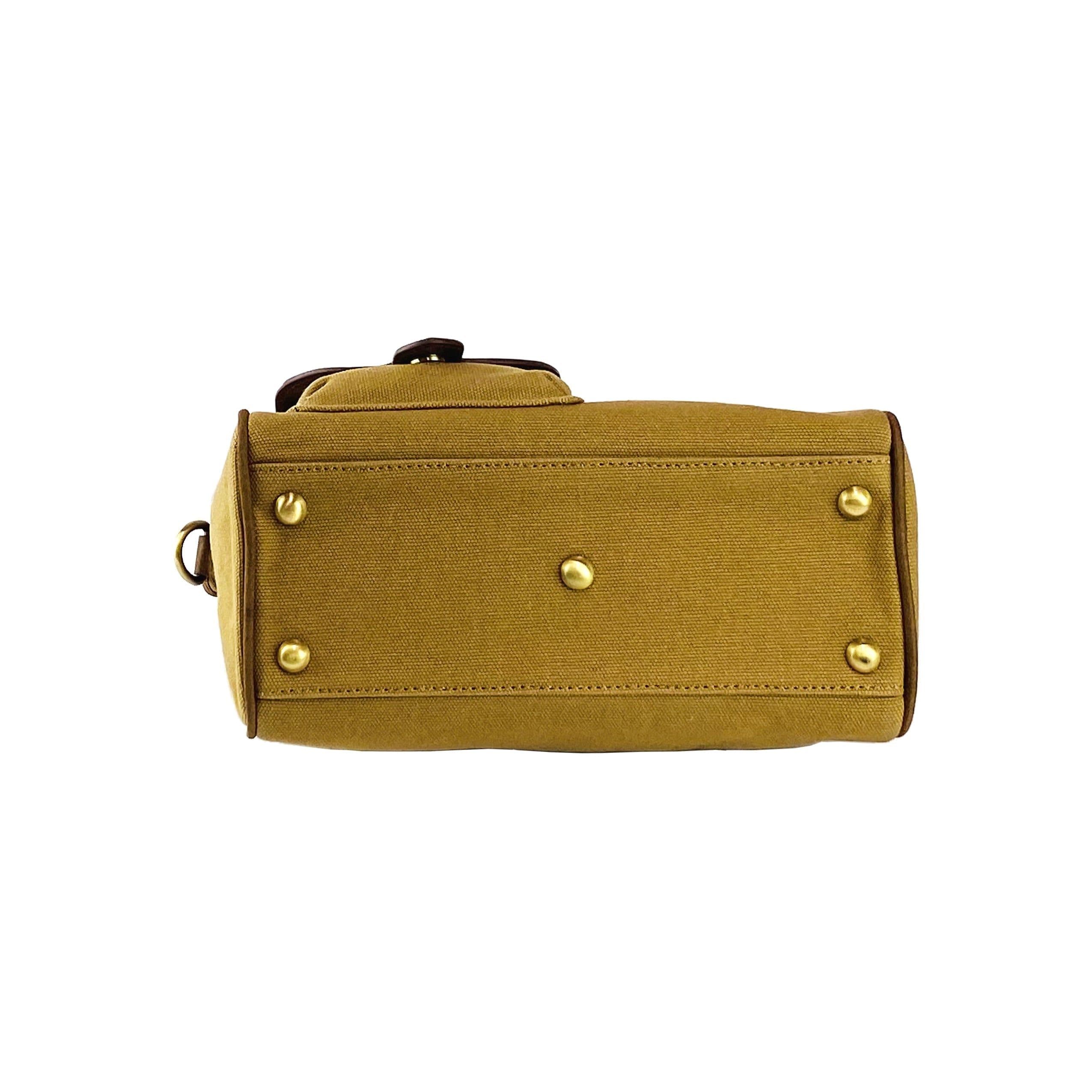 image-K0042BACB | Mini Handbag in Canvas/Genuine Leather Made in Italy. Removable shoulder strap. Attachments with metal snap hooks in Antique Brass - Hazelnut color - Dimensions: 24 x 20 x 12 cm