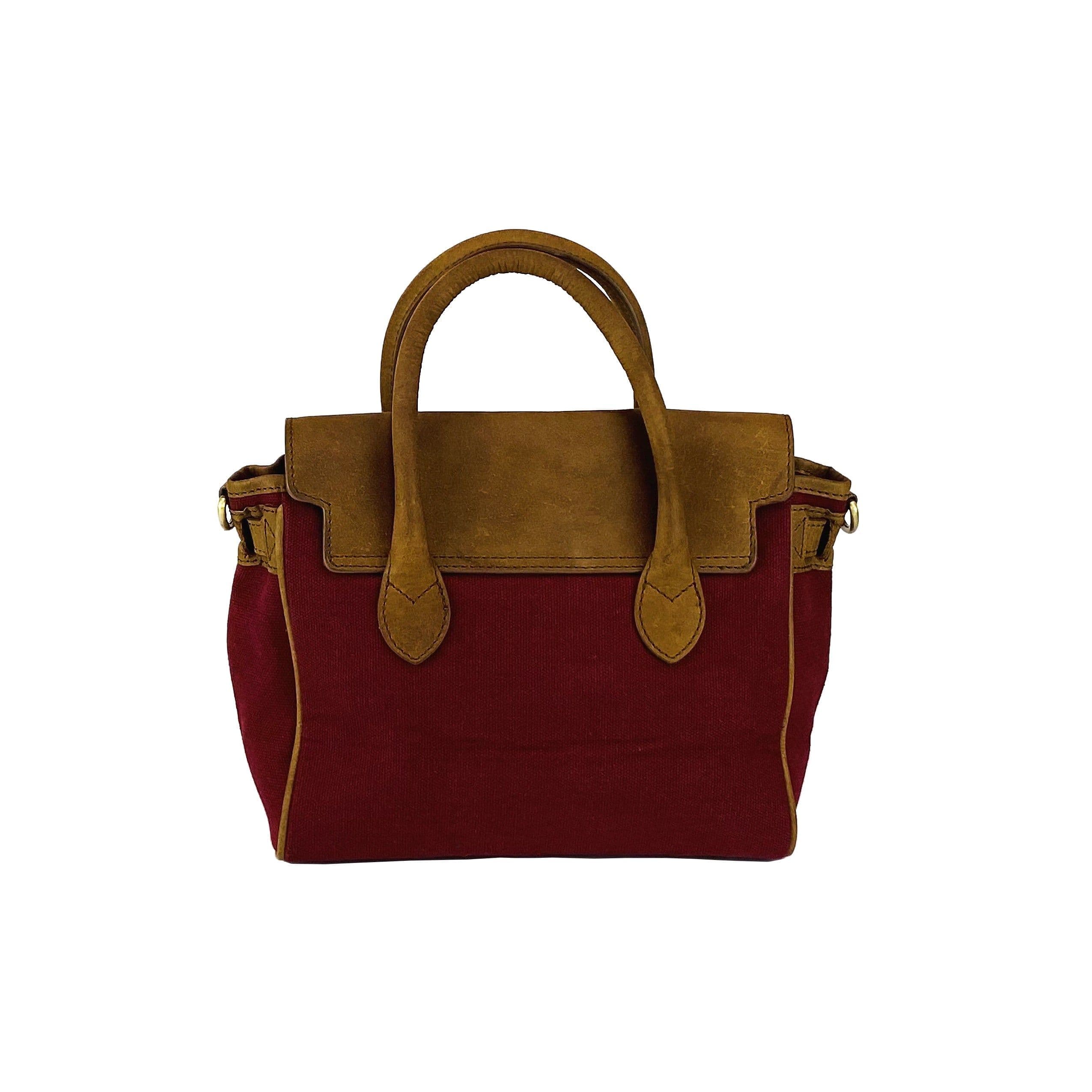 image-K0042XCB | Mini Handbag in Canvas/Genuine Leather Made in Italy. Removable shoulder strap. Attachments with metal snap hooks in Antique Brass - Bordeaux color - Dimensions: 24 x 20 x 12 cm