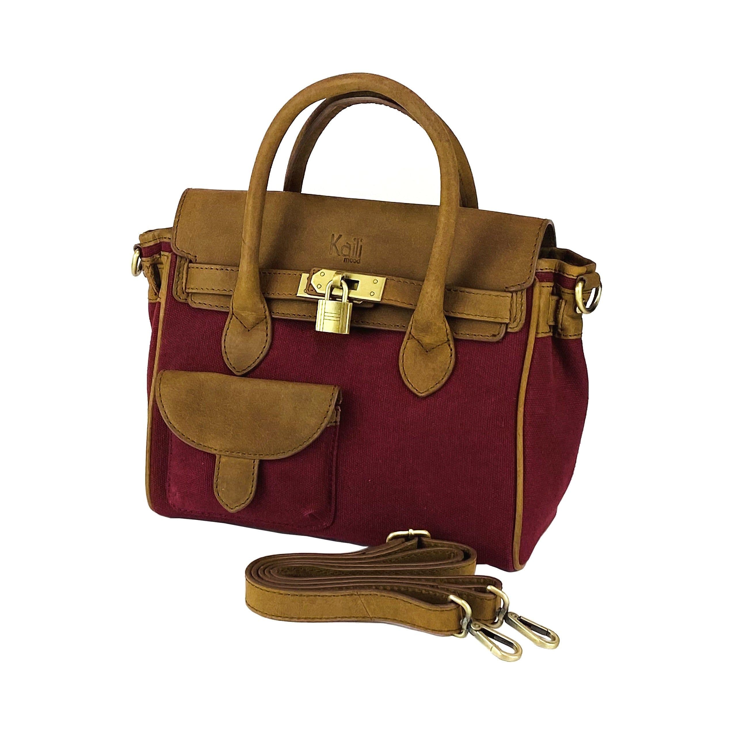image-K0042XCB | Borsa a Mano Mini in Canvas/Vera Pelle Made in Italy. Tracolla removibile. Attacchi con moschettoni in metallo Ottone Anticato - Colore Bordeaux - Dimensioni: cm 24 x 20 x 12