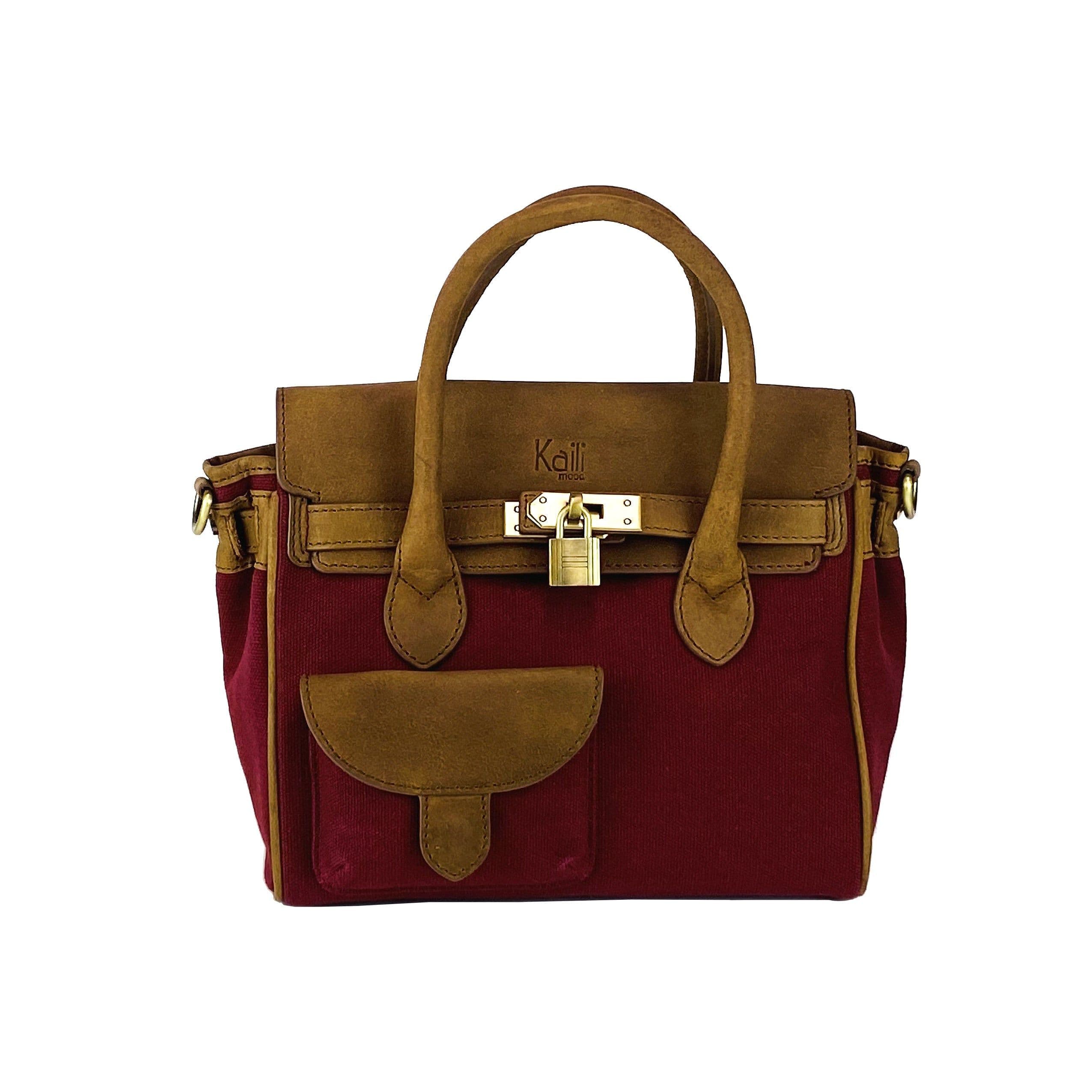 image-K0042XCB | Borsa a Mano Mini in Canvas/Vera Pelle Made in Italy. Tracolla removibile. Attacchi con moschettoni in metallo Ottone Anticato - Colore Bordeaux - Dimensioni: cm 24 x 20 x 12
