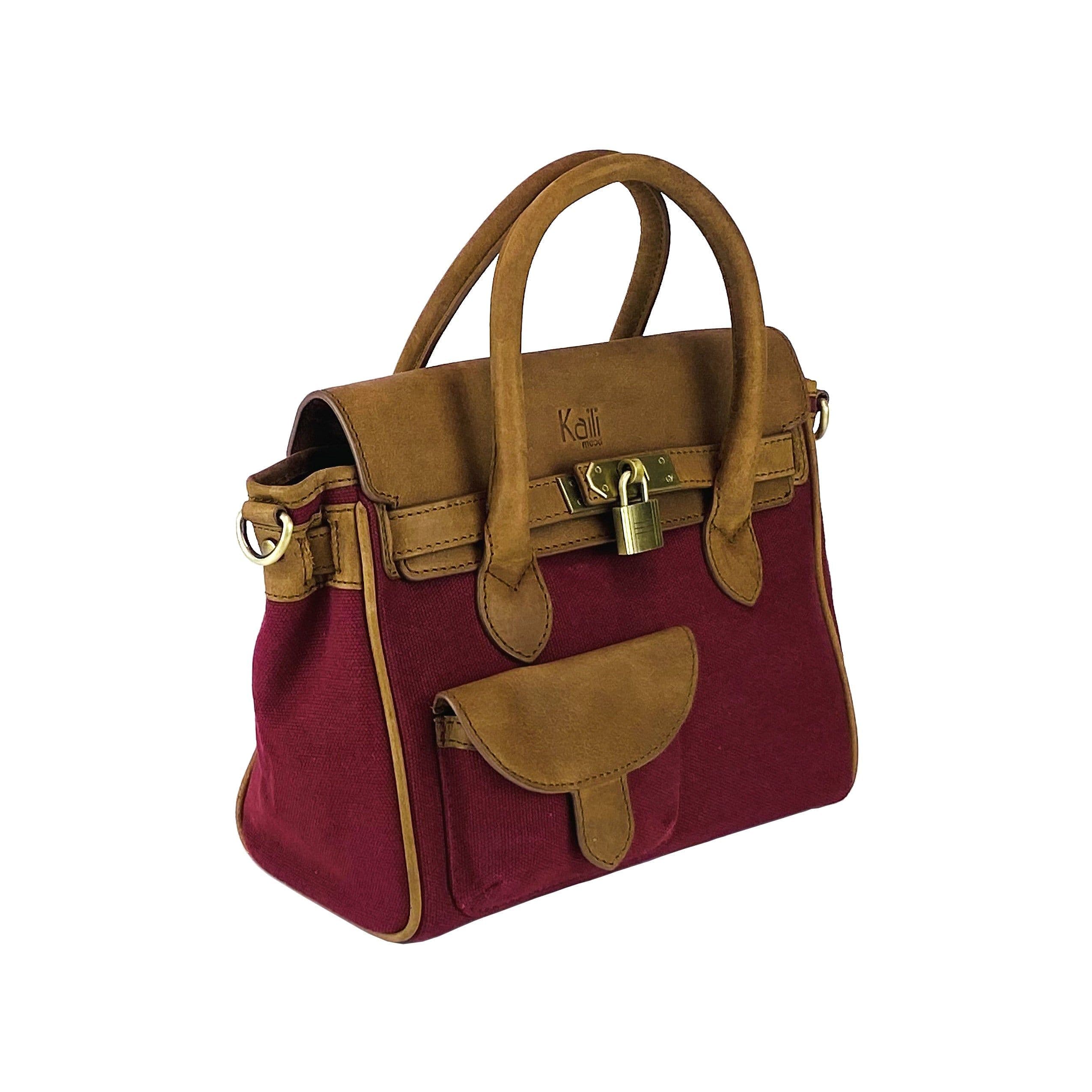 image-K0042XCB | Borsa a Mano Mini in Canvas/Vera Pelle Made in Italy. Tracolla removibile. Attacchi con moschettoni in metallo Ottone Anticato - Colore Bordeaux - Dimensioni: cm 24 x 20 x 12