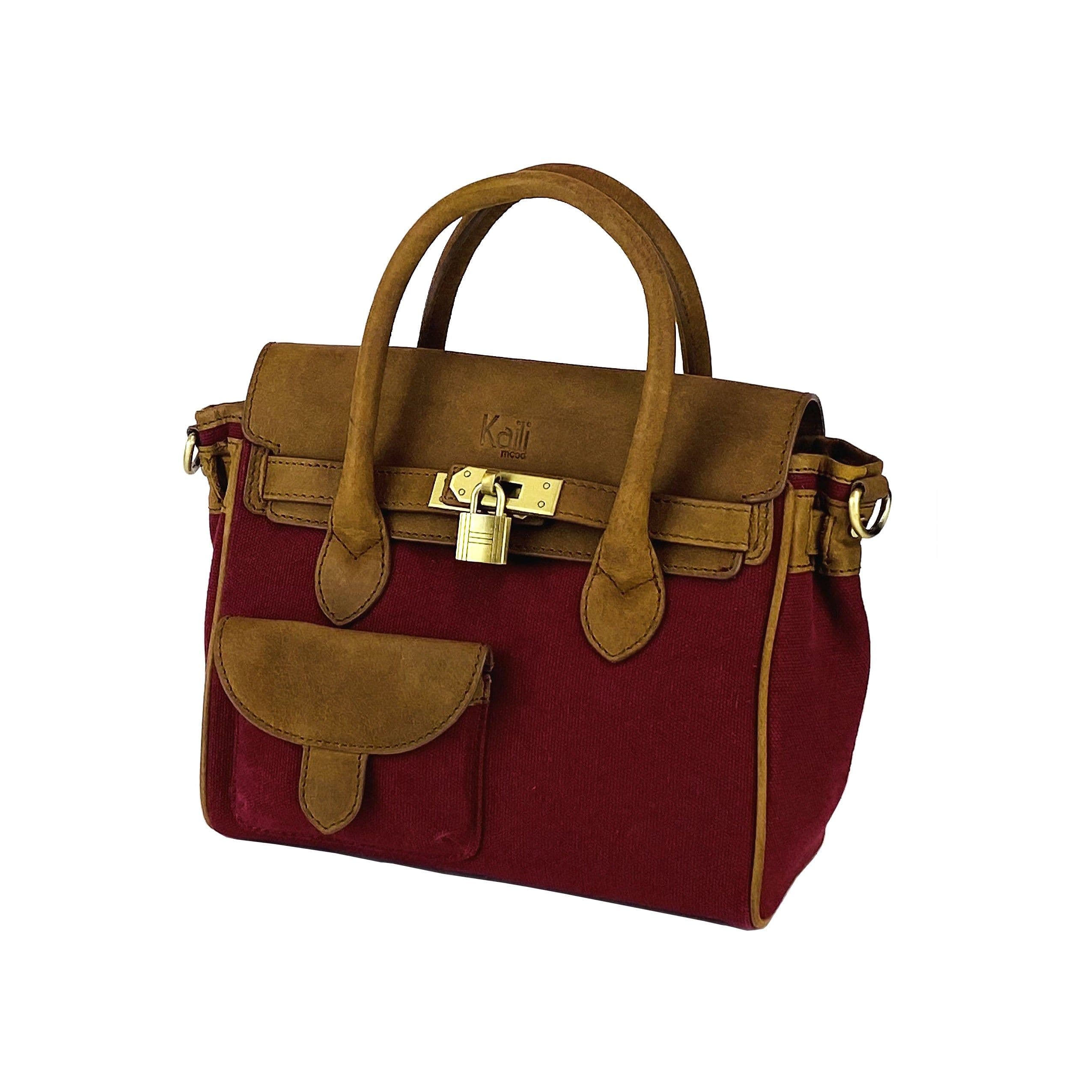 image-K0042XCB | Borsa a Mano Mini in Canvas/Vera Pelle Made in Italy. Tracolla removibile. Attacchi con moschettoni in metallo Ottone Anticato - Colore Bordeaux - Dimensioni: cm 24 x 20 x 12