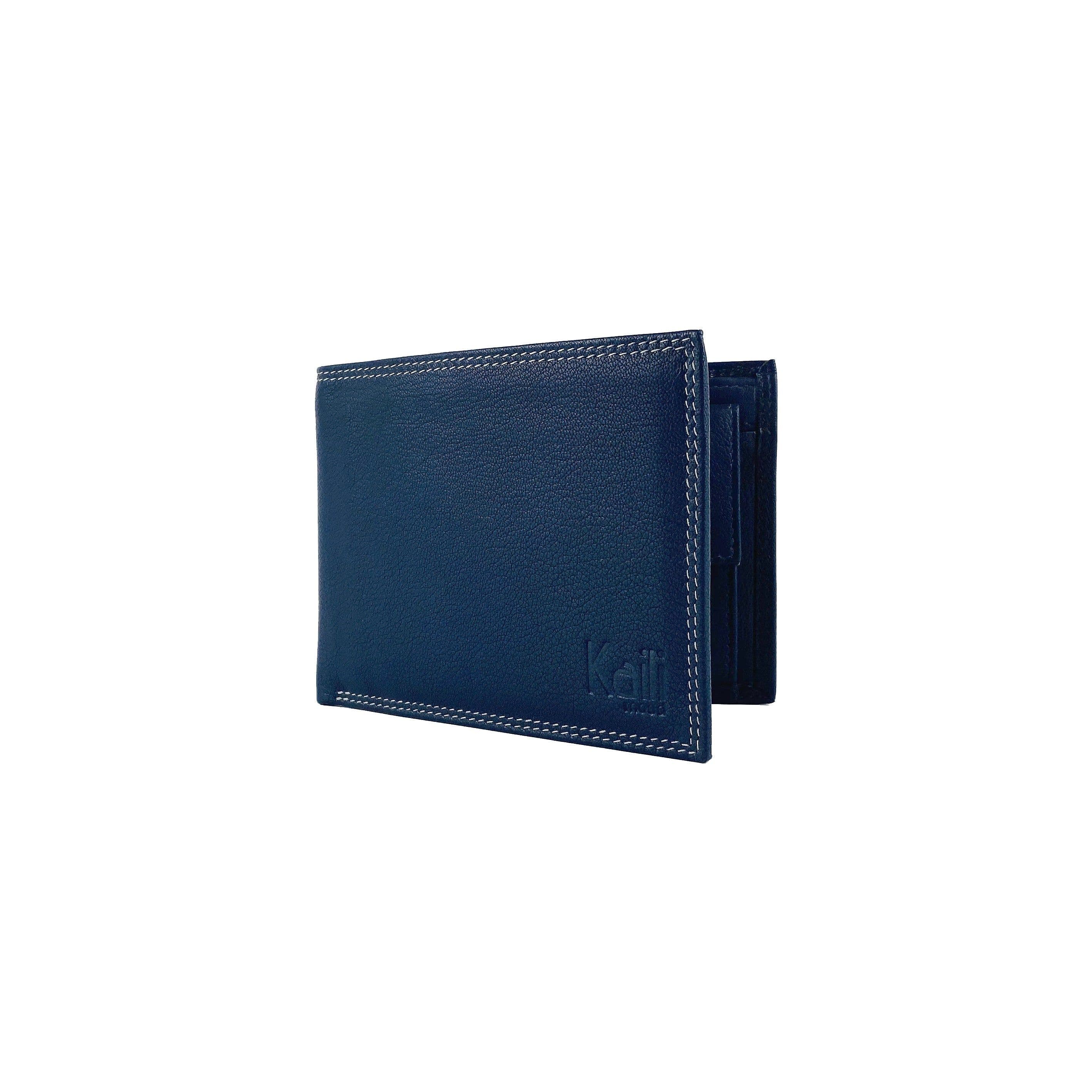 image-K10203DB | Portafogli Uomo in Vera Pelle pieno fiore, con leggera grana. Colore Blu. Tasca p/monete. Dimensioni da chiuso: cm 12,5 x 9,3 x 1. Confezione: Gift Box rigido fondo/coperchio