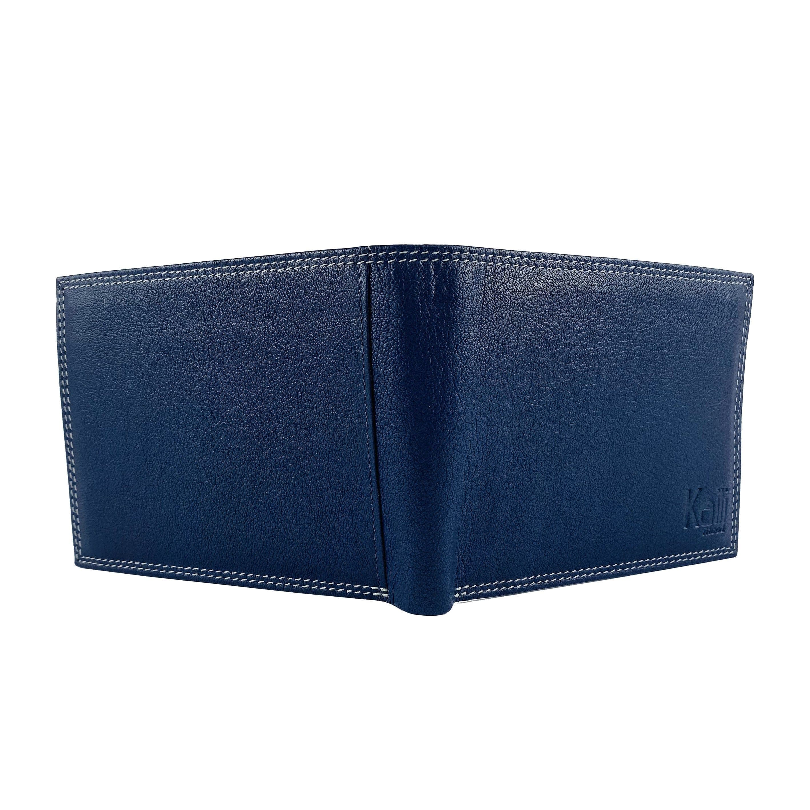 image-K10203DB | Portafogli Uomo in Vera Pelle pieno fiore, con leggera grana. Colore Blu. Tasca p/monete. Dimensioni da chiuso: cm 12,5 x 9,3 x 1. Confezione: Gift Box rigido fondo/coperchio