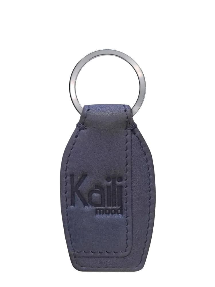 image-K10753PB | Portachiavi in Vera Pelle pieno fiore, con leggera grana. Colore Avio. Anello Nickel Lucido. Dimensioni totali: cm 3,5 x 9 x 0,5. Confezione: Gift Box rigido fondo/coperchio