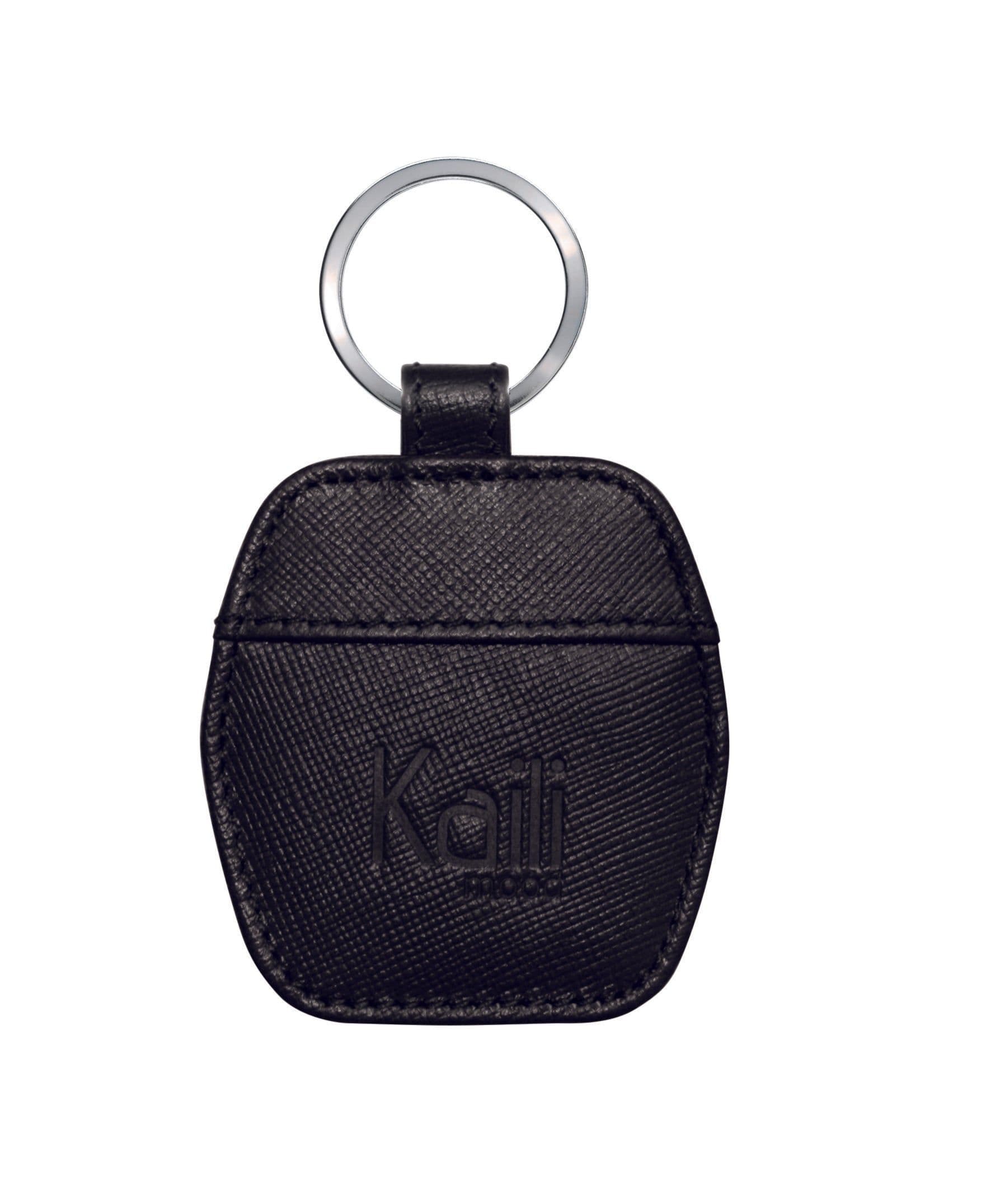 image-K10854AB | Portachiavi in Saffiano Vera Pelle. Colore Nero. Anello per chiavi Nickel Lucido. Dimensioni totali: cm 5,5 x 9,5 x 0,5. Confezione: Gift Box rigido fondo/coperchio