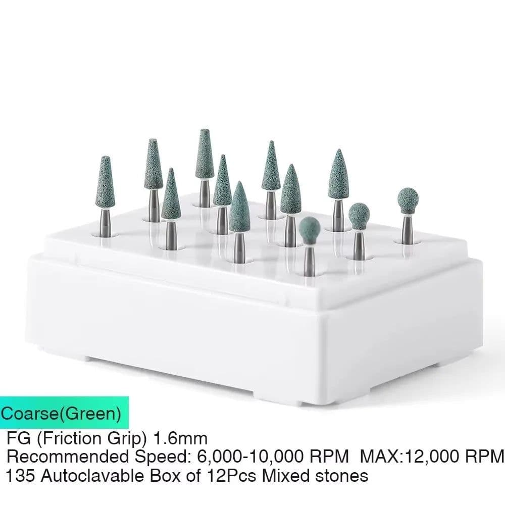 image-(12pcs/box)Dia1.6mm Azdent White Stone Polishing Burs for Finishing Porcelain Enamel & Composite Resin Flame/Cone/Round Shape