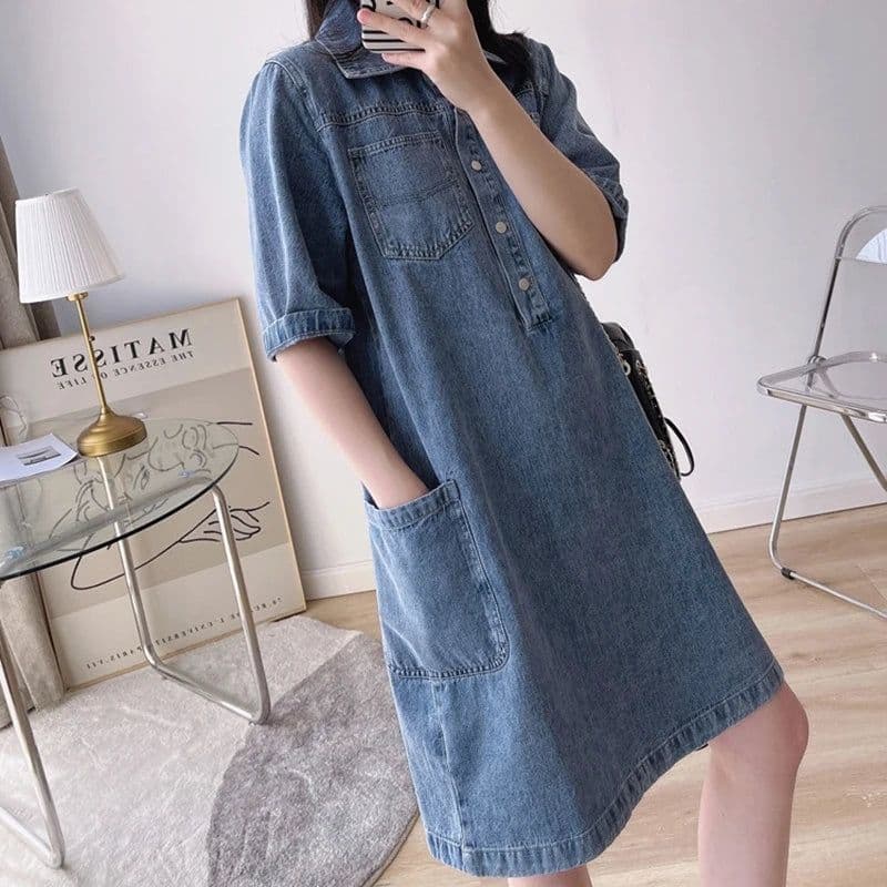 image-Women's Vintage Polo Neck Knee Length Denim Dress, Korean Cargo Baggy, Straight Half Sleeve Pocket Shirts, Jeans Dresses, Summer