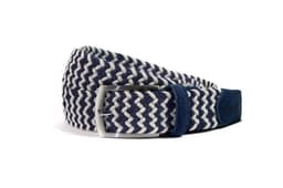 image-K4004JB | Cintura Intrecciata in Elastico/Pelle. Colore Blu/Ecrù. Fibbia Nickel Satinato. Dimensioni: cm 120x3,5x0,5 (giro vita cm 105). Confezione: Gift Box rigido fondo/coperchio