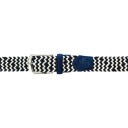 image-K4004JB | Cintura Intrecciata in Elastico/Pelle. Colore Blu/Ecrù. Fibbia Nickel Satinato. Dimensioni: cm 120x3,5x0,5 (giro vita cm 105). Confezione: Gift Box rigido fondo/coperchio