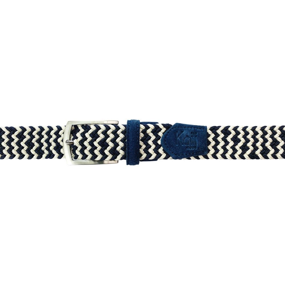 image-K4004JB | Cintura Intrecciata in Elastico/Pelle. Colore Blu/Ecrù. Fibbia Nickel Satinato. Dimensioni: cm 120x3,5x0,5 (giro vita cm 105). Confezione: Gift Box rigido fondo/coperchio