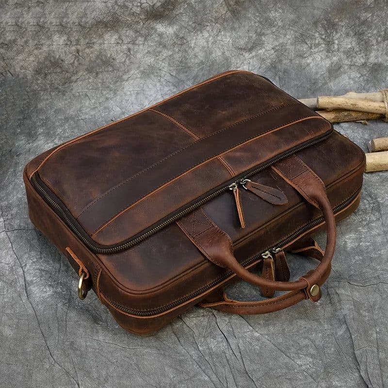 image-Retro Laptop Briefcase Bag Genuine Leather Handbags Casual 15.6" Business Bag Daily Working Tote Bags Men Male bag for documents