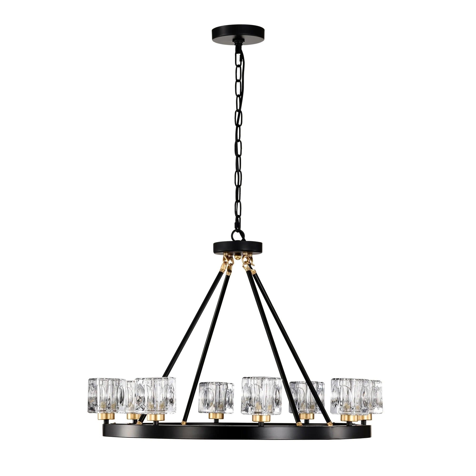 image-Matte Black + Gold Wagon Wheel Chandelier Farmhouse Modern Small Crystal Round Chandelier for Living Room Kitchen Island Foyer H