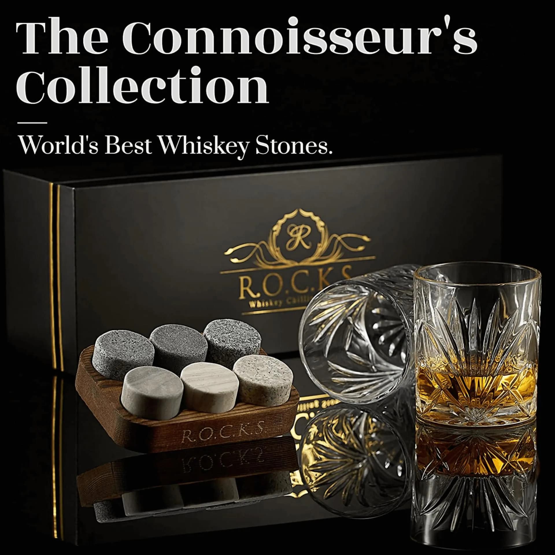 image-Whiskey Chilling Stones Gift Set With 2 Palm Crystal Glasses