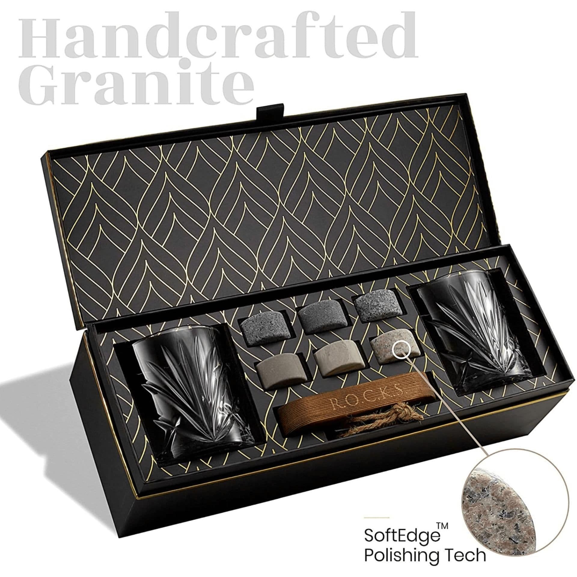 image-Whiskey Chilling Stones Gift Set With 2 Palm Crystal Glasses