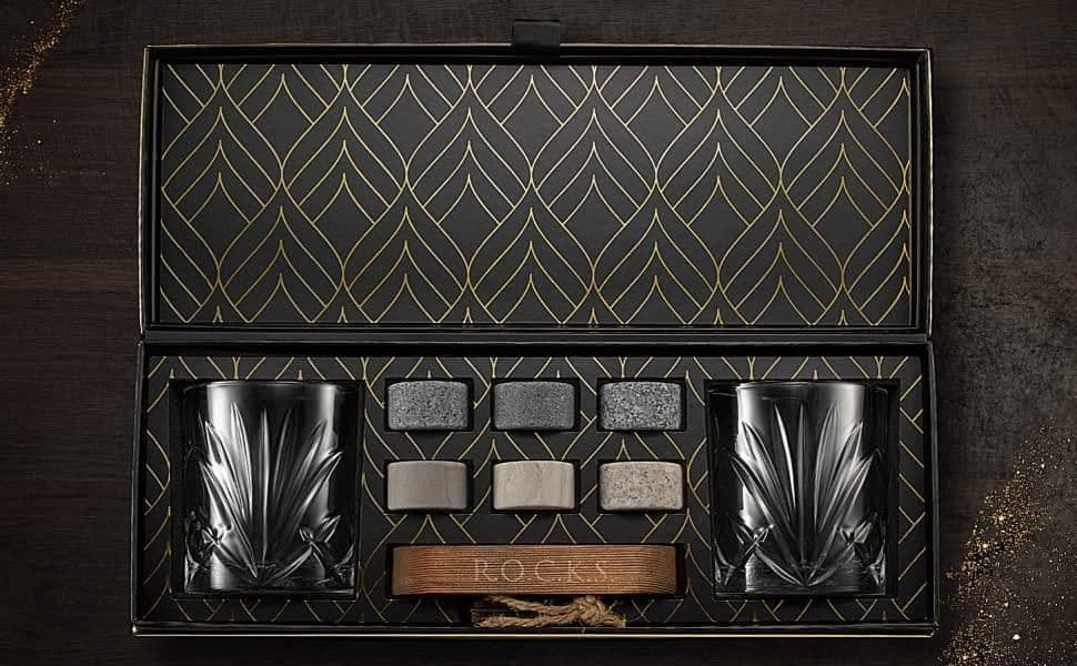 image-Whiskey Chilling Stones Gift Set With 2 Palm Crystal Glasses