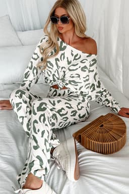 image-Beige Leopard Animal Print Long Sleeve and Pants Loungewear Set