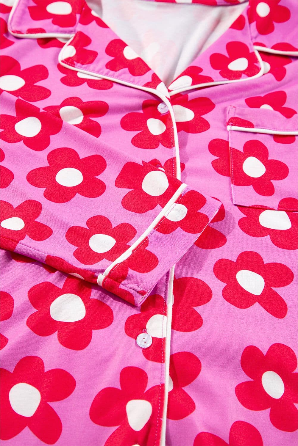 image-Green Flower Print Long Sleeve Shirt Shorts Pajamas Set