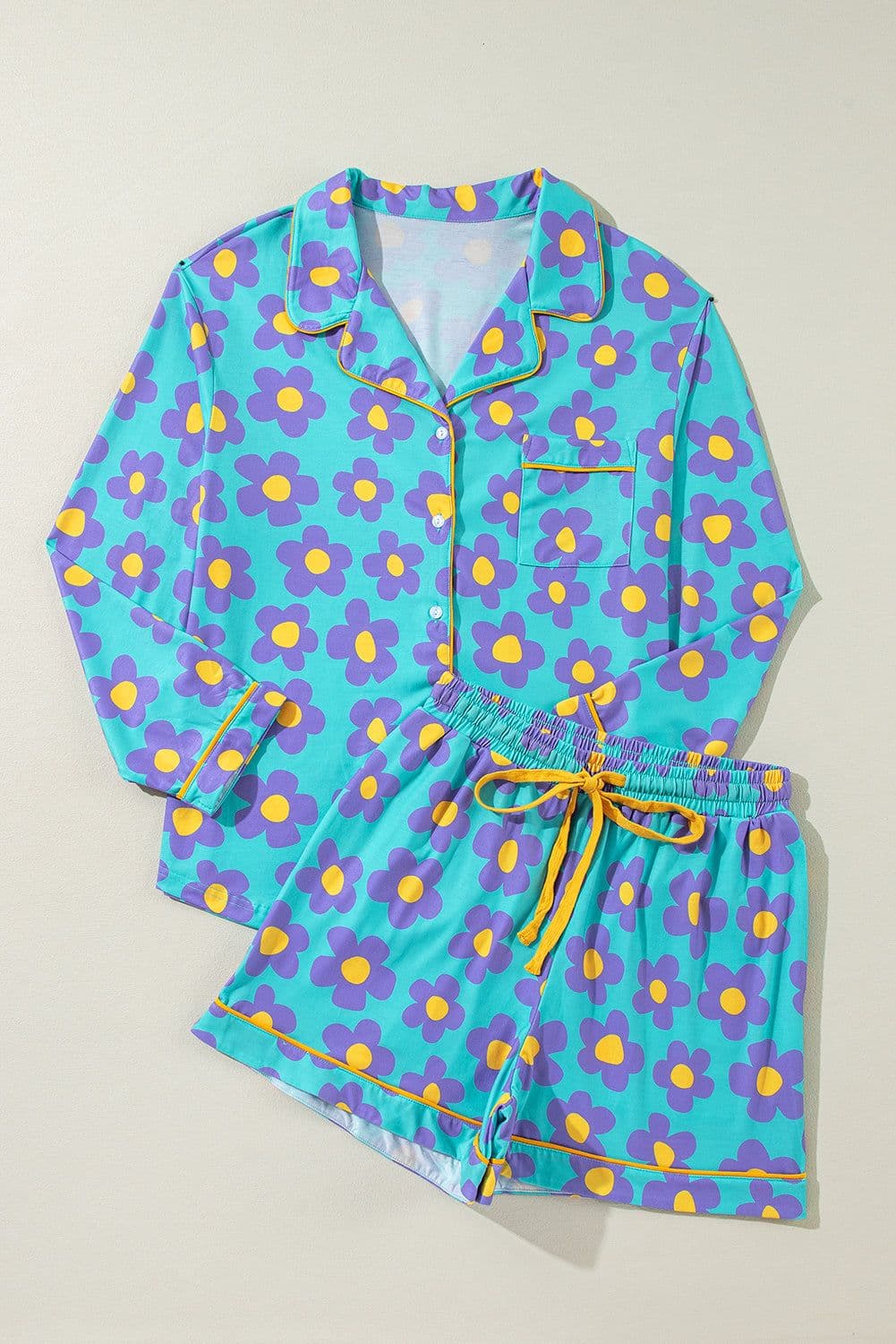 image-Green Flower Print Long Sleeve Shirt Shorts Pajamas Set