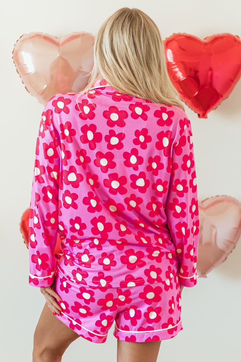 image-Green Flower Print Long Sleeve Shirt Shorts Pajamas Set
