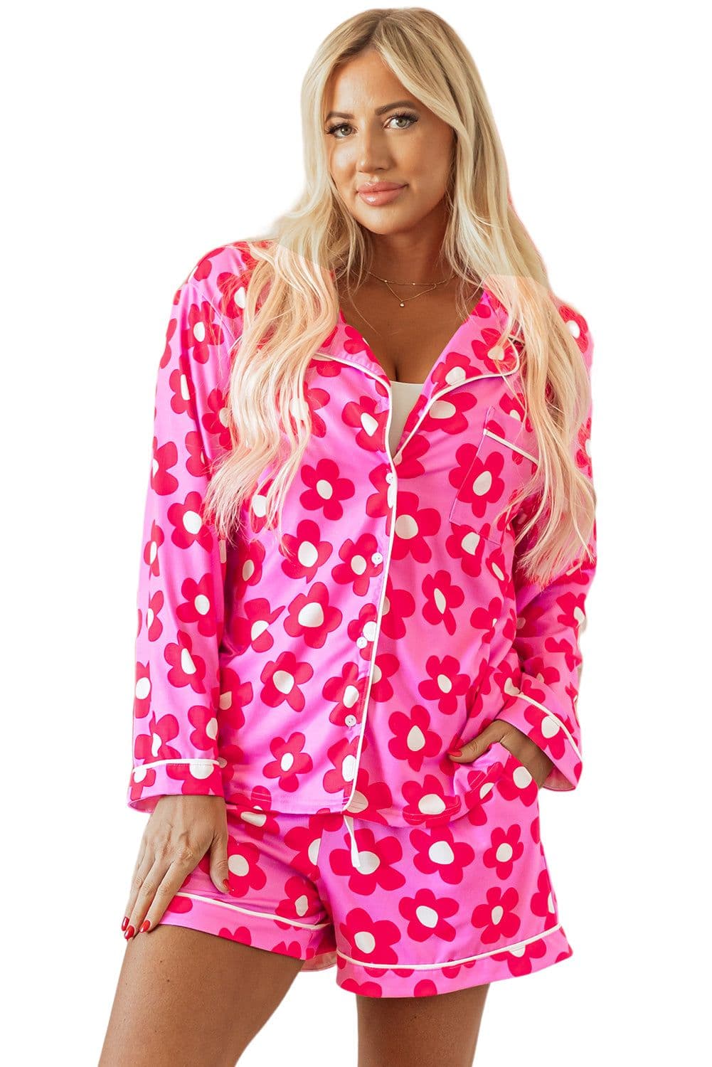 image-Green Flower Print Long Sleeve Shirt Shorts Pajamas Set