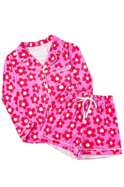 image-Green Flower Print Long Sleeve Shirt Shorts Pajamas Set