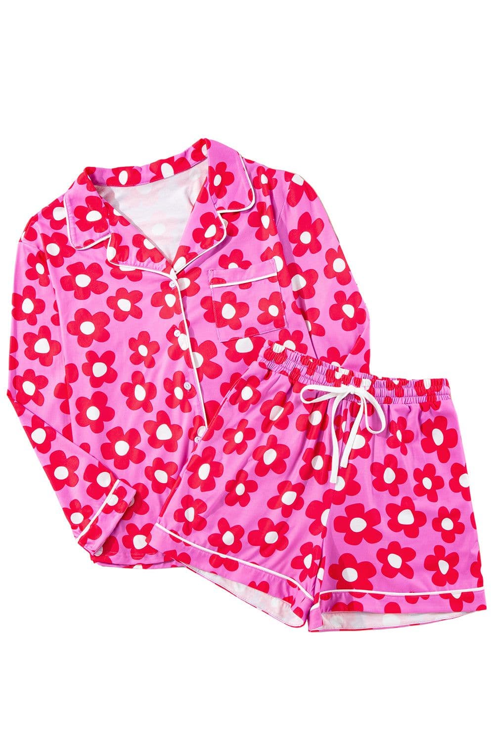 image-Green Flower Print Long Sleeve Shirt Shorts Pajamas Set