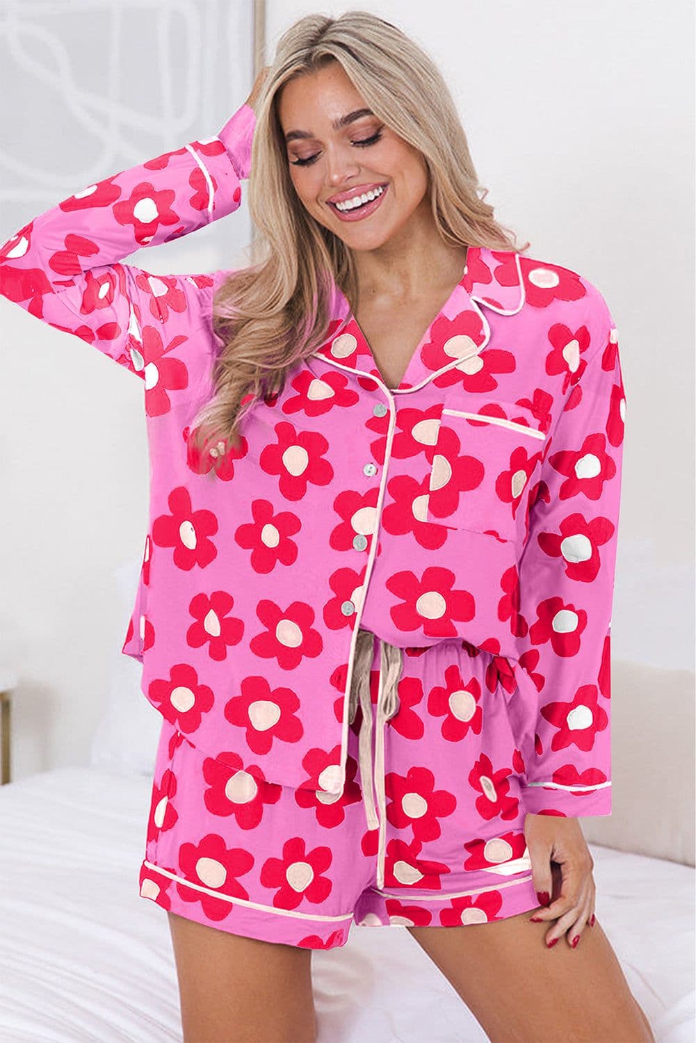 image-Green Flower Print Long Sleeve Shirt Shorts Pajamas Set