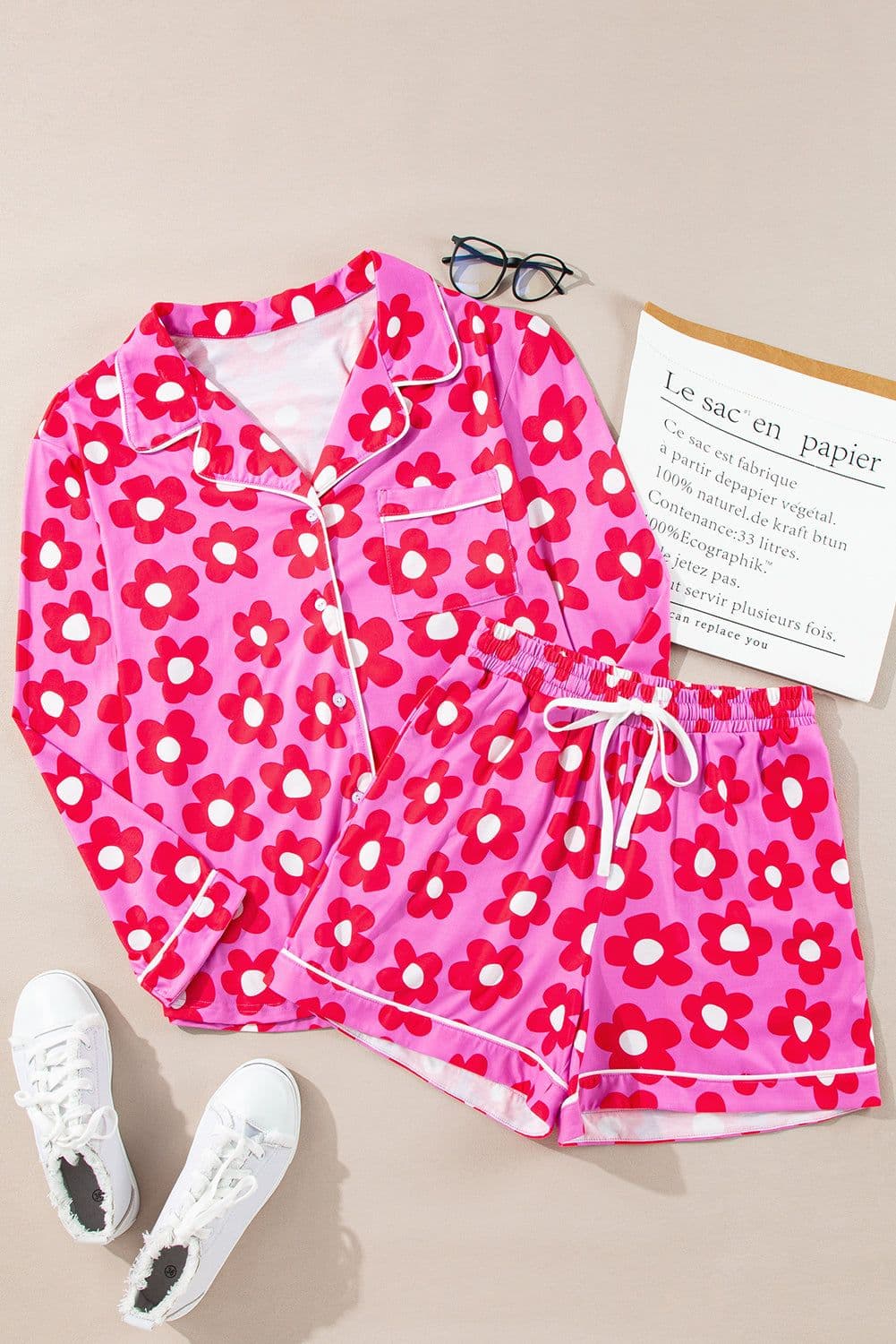 image-Green Flower Print Long Sleeve Shirt Shorts Pajamas Set